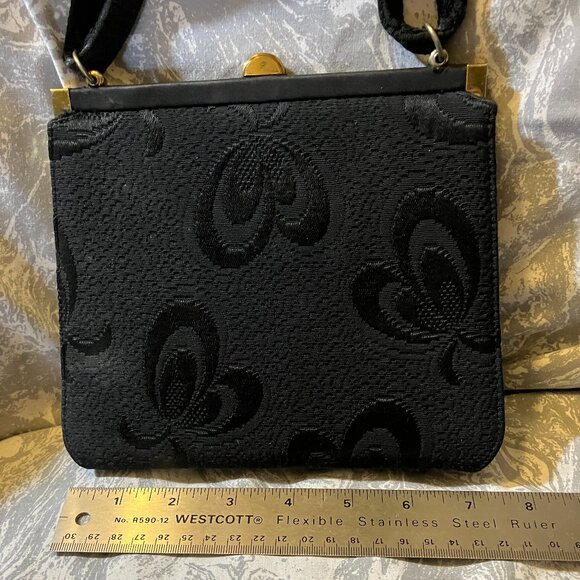 Rare VTG 1950's GARAY Black Damask Frame Handbag Double strap with bow- preowned - Picture 8 of 9